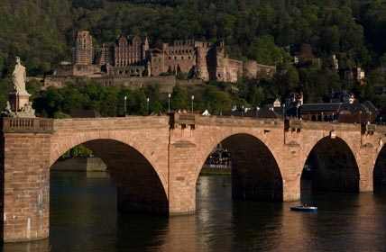 Die alte Brücke im Abendlicht mit dem Heidelberger Schloss im Hintergrund